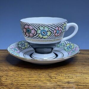 Gladstone Bone China Teacup & Saucer‎ England Tropical Floral Flowers Aloha